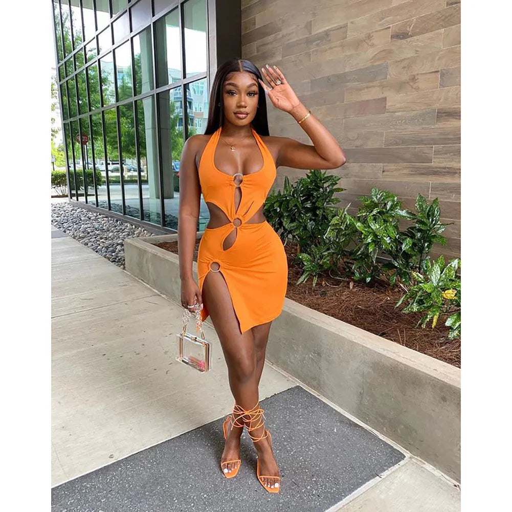 2023 Summer New Halter Dresses Sexy Slim Women's Dress Sleeveless Backless High Split Elegant Dres Party Club Hollow Mini Skirt